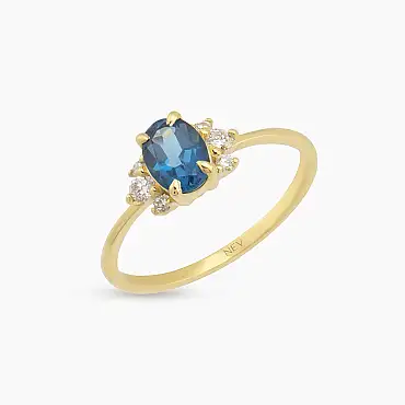 0.96 CT London Blue Topaz ve Pırlanta Taşlı Sarı Altın Yüzük - Nev Jewellery (1)