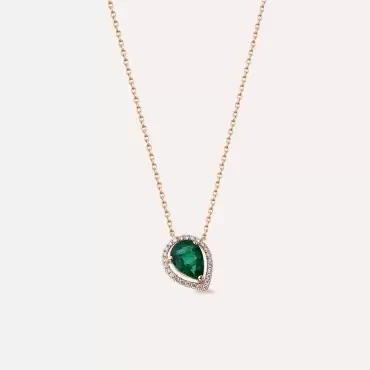 0.97 CT Pırlanta ve Damla Kesim Zümrüt Taşlı Rose Altın Kolye - Nev Jewellery (1)