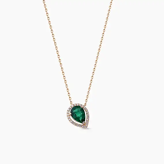 0.97 CT Pırlanta ve Damla Kesim Zümrüt Taşlı Rose Altın Kolye - 2