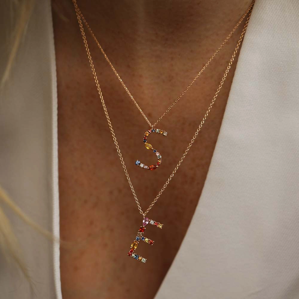 S Harf 1.02 CT Multicolor Safir ve Brown Pırlanta Taşlı Rose Altın Kolye - Nev Jewellery (1)
