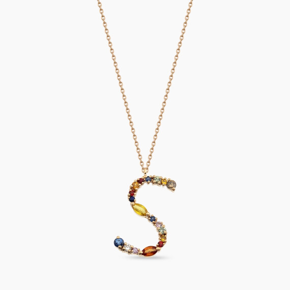 S Harf 1.02 CT Multicolor Safir ve Brown Pırlanta Taşlı Rose Altın Kolye - Nev Jewellery