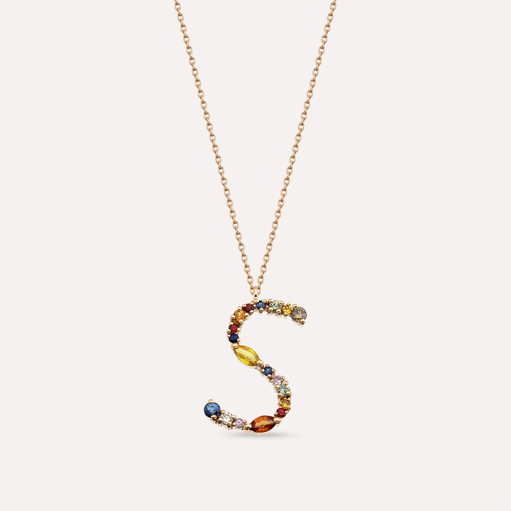 1.02 CT Multicolor Sapphire and Brown Diamond Yellow Gold S Letter Necklace - 1