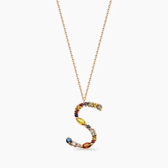 1.02 CT Multicolor Sapphire and Brown Diamond Yellow Gold S Letter Necklace - 1