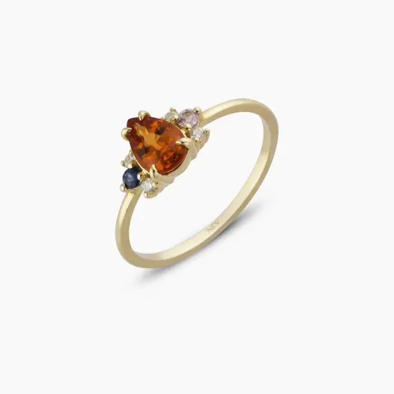 1.00 CT Multicolor Safir ve Pırlanta Taşlı Sarı Altın Yüzük - 4