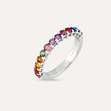 1.02 CT Multicolor Safir Taşlı Yarımtur Beyaz Altın Yüzük - Nev Jewellery