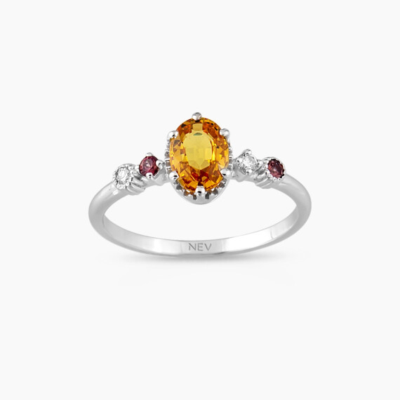 1.02 CT Multicolor Safir ve Pırlanta Taşlı Beyaz Altın Yüzük - Nev Jewellery