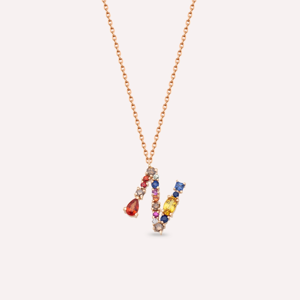 1.31 CT Brown Diamond and Multicolor Sapphire N Letter Pendant - 1