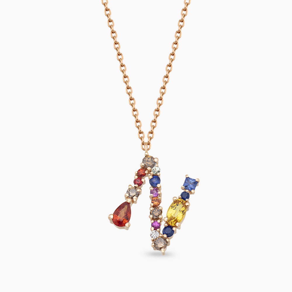 N Harf 0.92 CT Brown Pırlanta ve Multicolor Safir Taşlı Kolye - 1