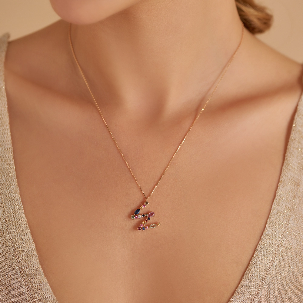 1.04 CT Brown Pırlanta ve Multicolor Safir Taşlı W Harf Kolye - Nev Jewellery (1)