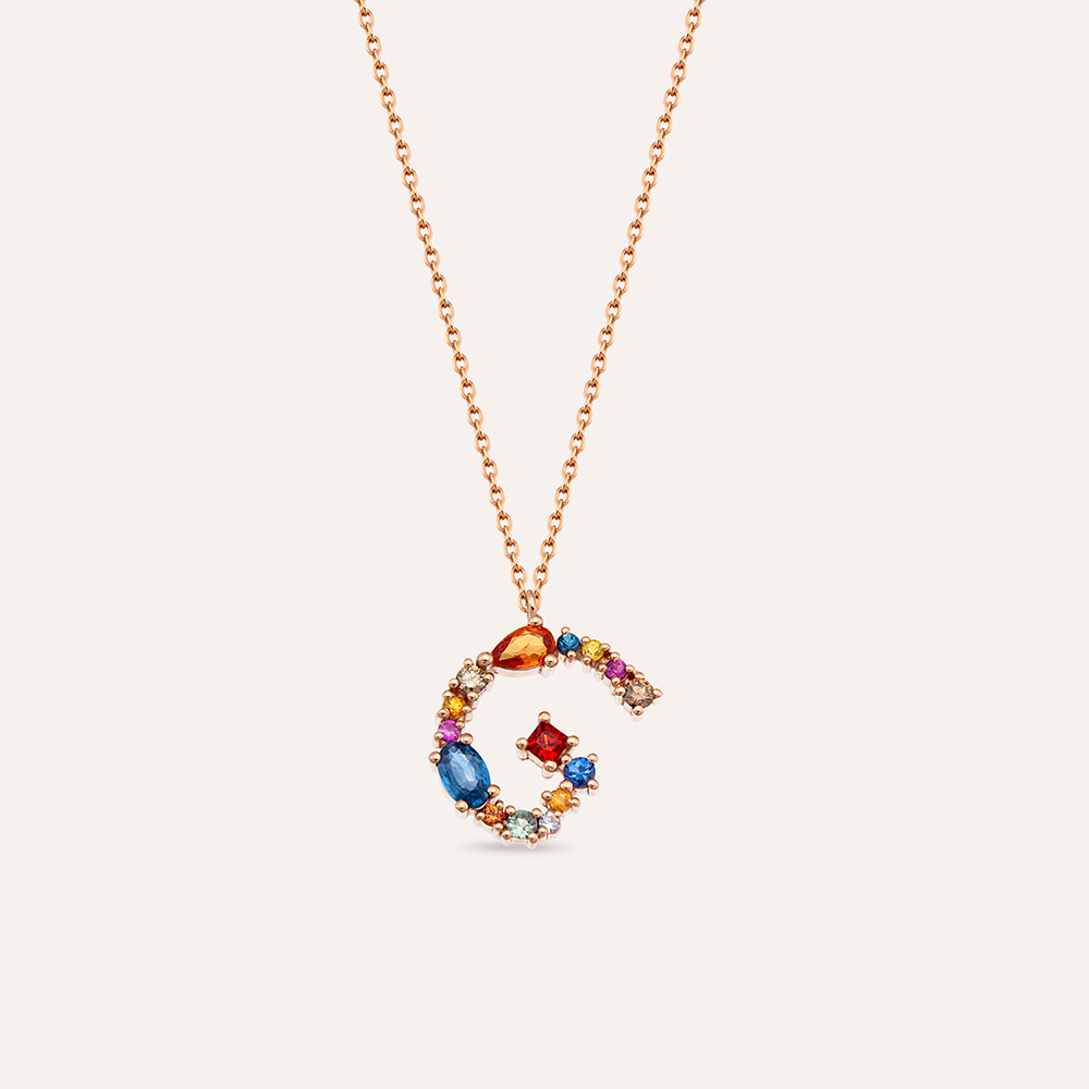 1.05 CT Multicolor Sapphire and Brown Diamond Rose Gold G Letter Necklace - 1