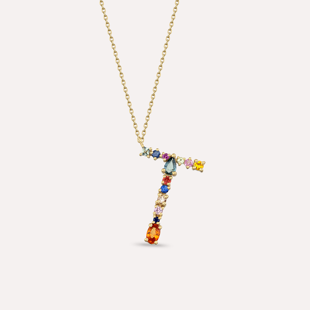 1.07 CT Multicolor Sapphire and Brown Diamond Rose Gold T Letter Necklace - 1