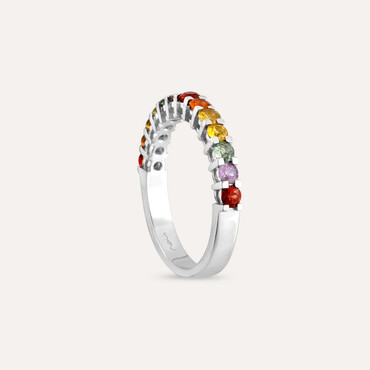 1.09 CT Multicolor Safir Taşlı Yarımtur Beyaz Altın Yüzük - Nev Jewellery (1)