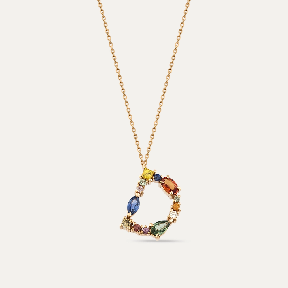 1.07 CT Brown Diamond and Multicolor Sapphire D Letter Pendant - 1