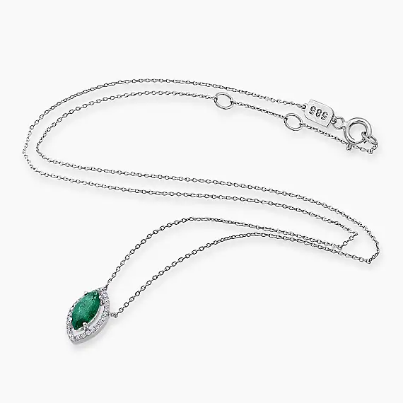 0.96 CT Pırlanta ve Markiz Kesim Zümrüt Taşlı Beyaz Altın Kolye - 3