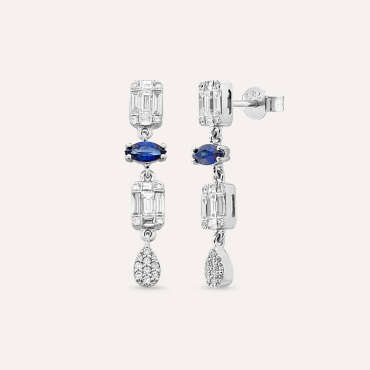 1.17 CT Sapphire and Baguette Cut Diamond White Gold Earring - Nev Jewellery