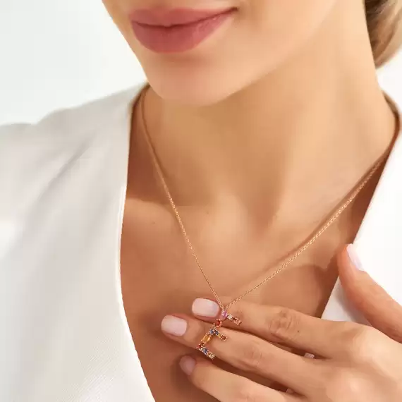 E Harf 1.14 CT Brown Pırlanta ve Multicolor Safir Taşlı Kolye - 3