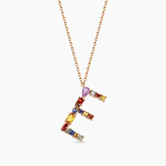 E Harf 1.14 CT Brown Pırlanta ve Multicolor Safir Taşlı Kolye - 1
