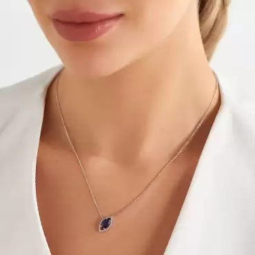 1.26 CT Markiz Kesim Safir ve Pırlanta Taşlı Beyaz Altın Kolye - Nev Jewellery (1)