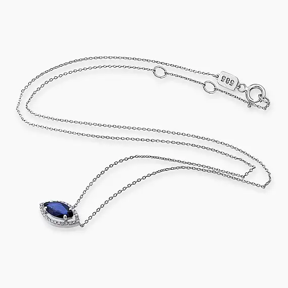 1.26 CT Markiz Kesim Safir ve Pırlanta Taşlı Beyaz Altın Kolye - 3