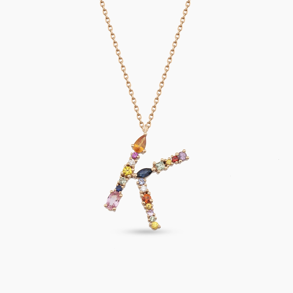 K Harf 1.37 CT Brown Pırlanta ve Multicolor Safir Taşlı Kolye - 1
