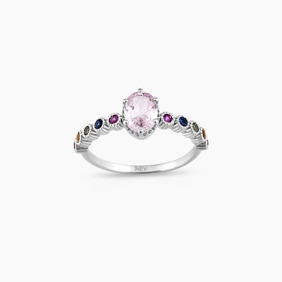 1.37 CT Light Pink ve Multicolor Safir Taşlı Beyaz Altın Yüzük - Nev Jewellery