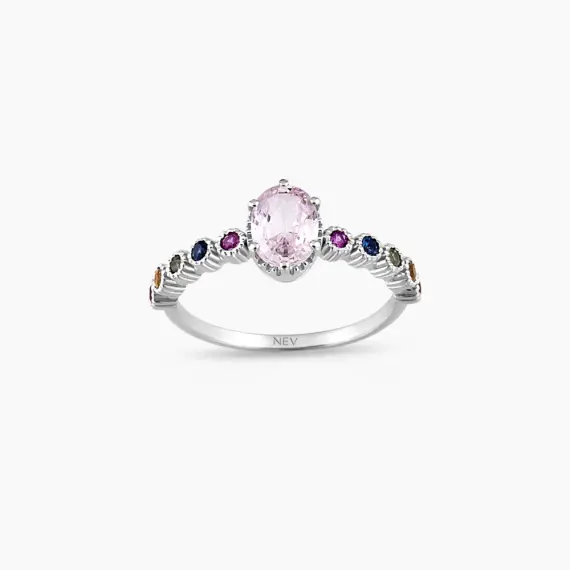 1.37 CT Light Pink ve Multicolor Safir Taşlı Beyaz Altın Yüzük - 1