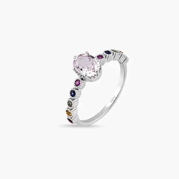 1.37 CT Light Pink ve Multicolor Safir Taşlı Beyaz Altın Yüzük - 4