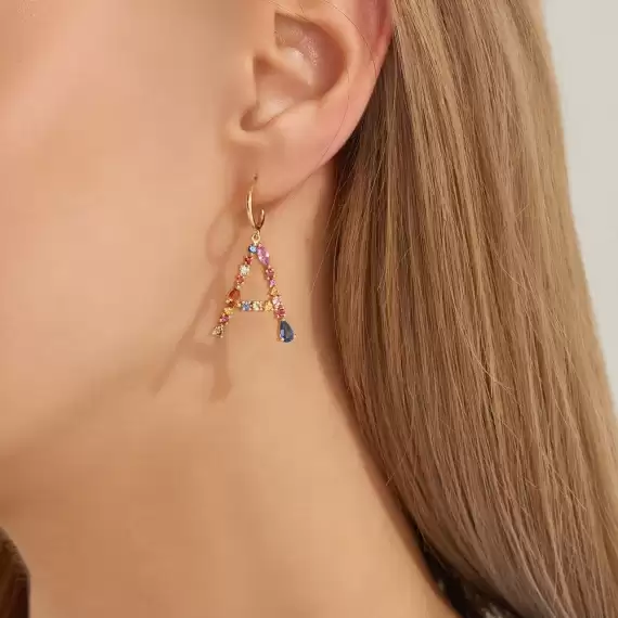 1.42 CT Multicolor Safir ve Brown Pırlanta Taşlı A Harf Tek Küpe - 2