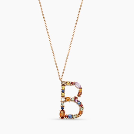 1.35 CT Multicolor Sapphire and Brown Diamond Rose Gold B Letter Necklace - Nev Jewellery