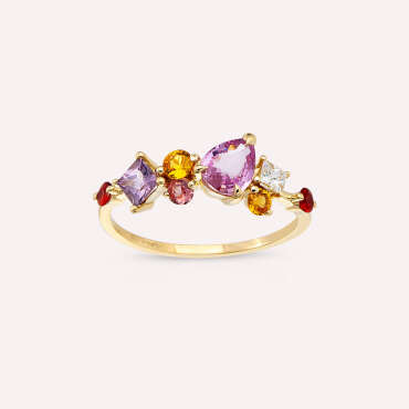 1.82 CT Multicolor Safir ve Pırlanta Taşlı Sarı Altın Yüzük - Nev Jewellery