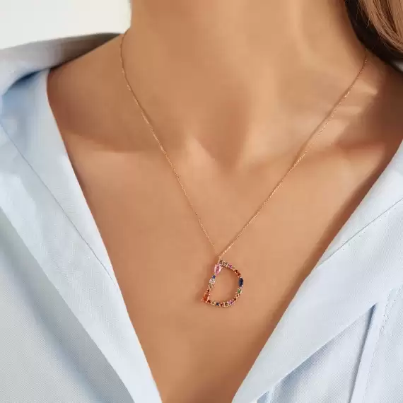 D Harf 1.31 CT Multicolor Safir ve Brown Pırlanta Taşlı Rose Altın Kolye - 2
