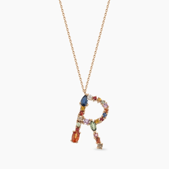 R Harf 1.26 CT Multicolor Safir ve Pırlanta Taşlı Kolye - Nev Jewellery