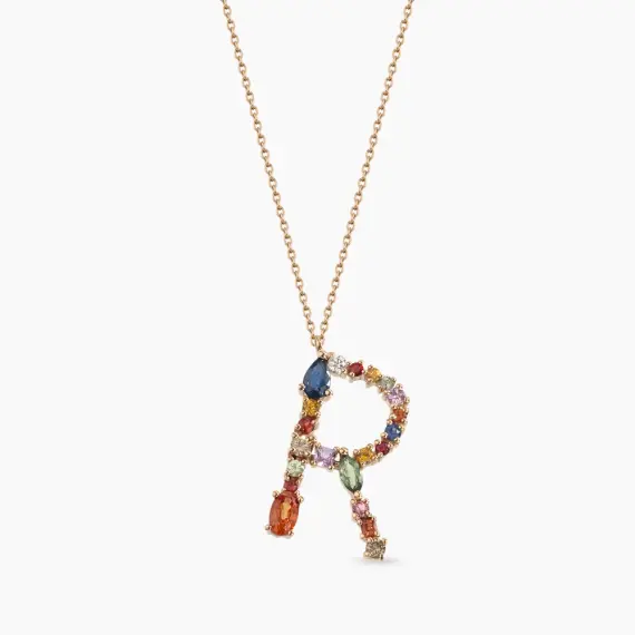 1.26 CT Multicolor Sapphire and Diamond Rose Gold R Letter Necklace - 1