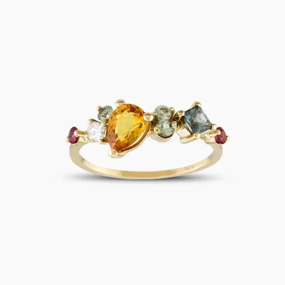 1.64 CT Multicolor Sapphire and Diamond Yellow Gold Ring - 1
