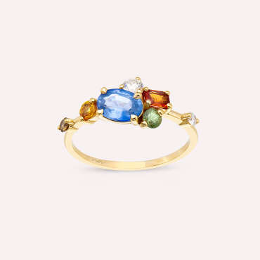 1.60 CT Multicolor Safir ve Pırlanta Taşlı Sarı Altın Yüzük - Nev Jewellery