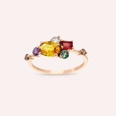 1.61 CT Multicolor Safir ve Brown Pırlanta Taşlı Rose Altın Yüzük - Nev Jewellery