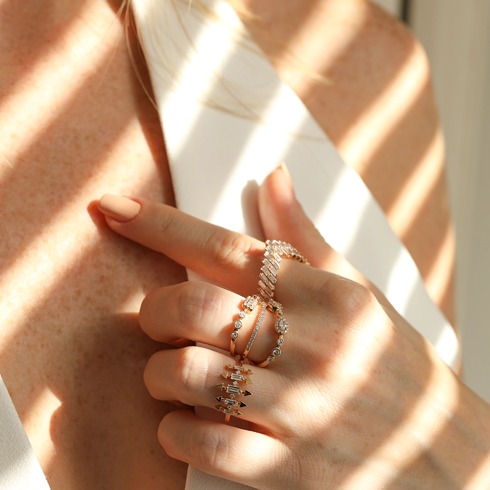 1.70 CT Baget Pırlanta Taşlı Rose Altın Yarımtur V Yüzük - Nev Jewellery (1)