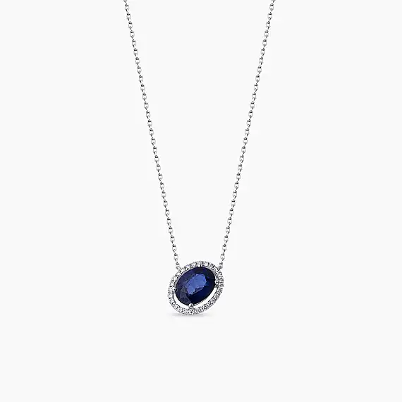 1.71 CT Oval Kesim Safir ve Pırlanta Taşlı Beyaz Altın Kolye - 1
