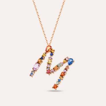 2.10 CT Multicolor Sapphire Large M Letter Pendant - Nev Jewellery