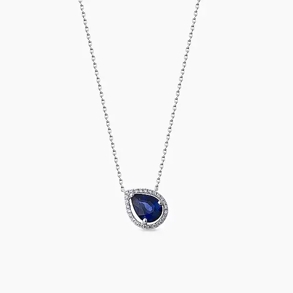 1.78 CT Damla Kesim Safir ve Pırlanta Taşlı Beyaz Altın Kolye - 1