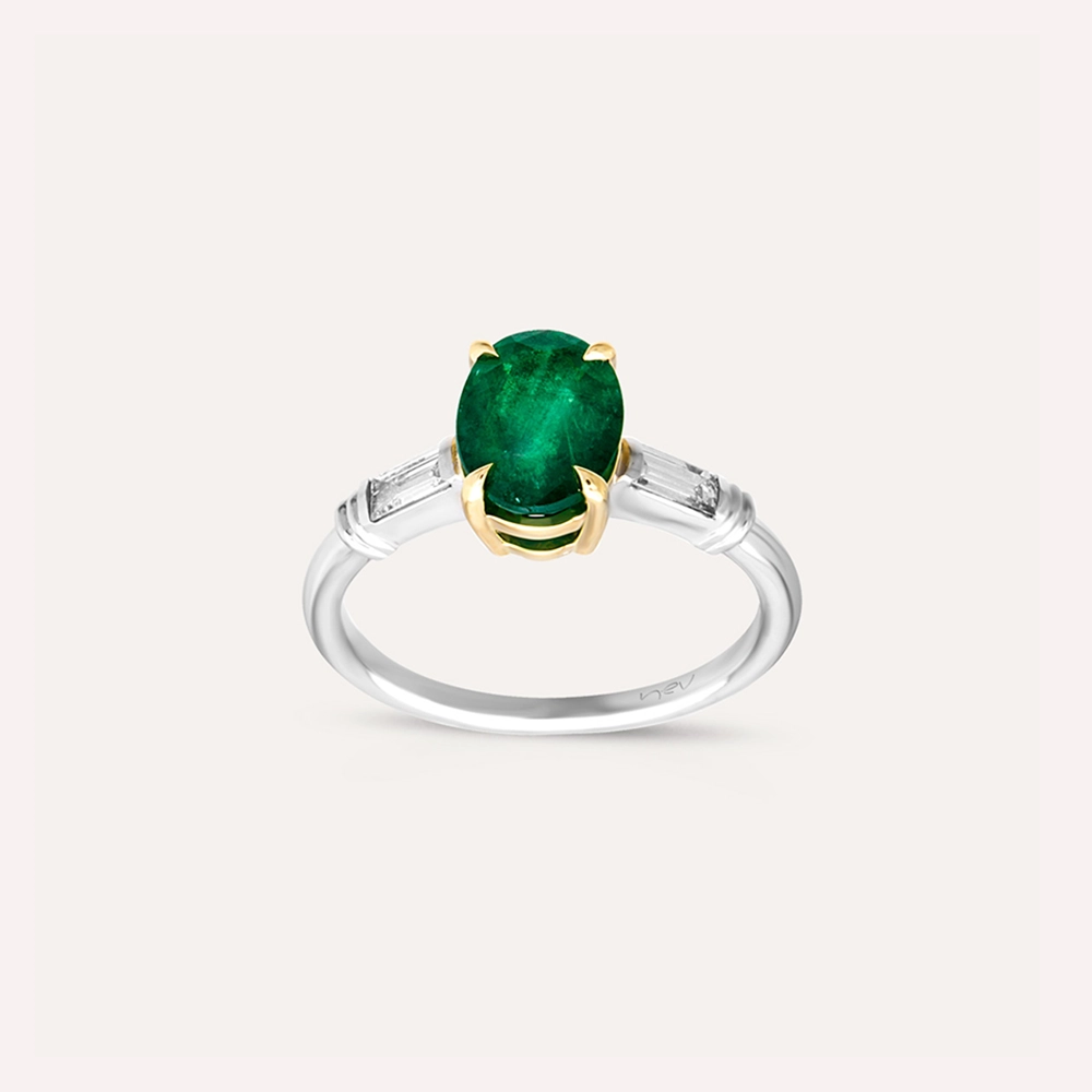 1.96 CT Zümrüt ve Baget Pırlanta Taşlı Beyaz Altın Yüzük - Nev Jewellery (1)