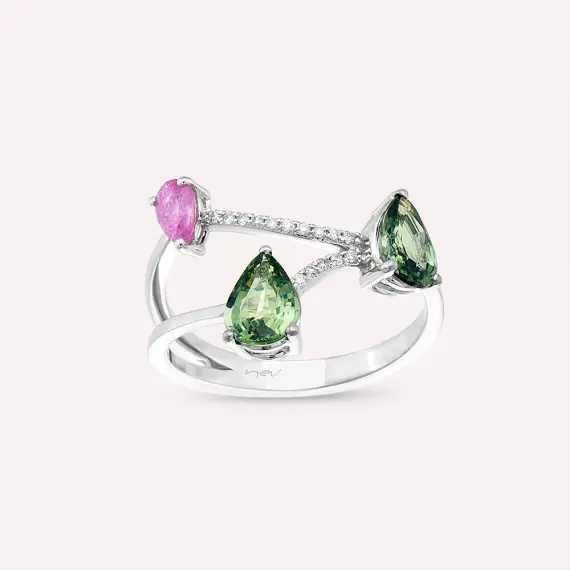1.99 CT Multicolor Safir ve Pırlanta Taşlı Beyaz Altın Yüzük - 1