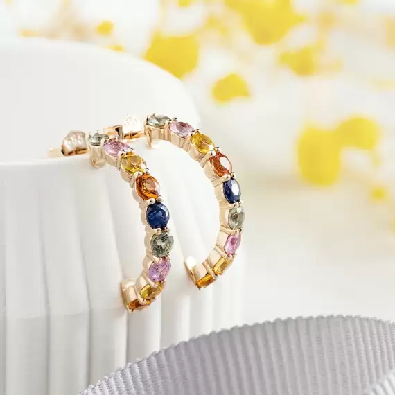 2.05 CT Multicolor Sapphire Rose Gold Half Eternity Earring - 1