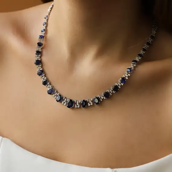 20.88 CT Safir ve Pırlanta Taşlı Beyaz Altın Gerdanlık - 2