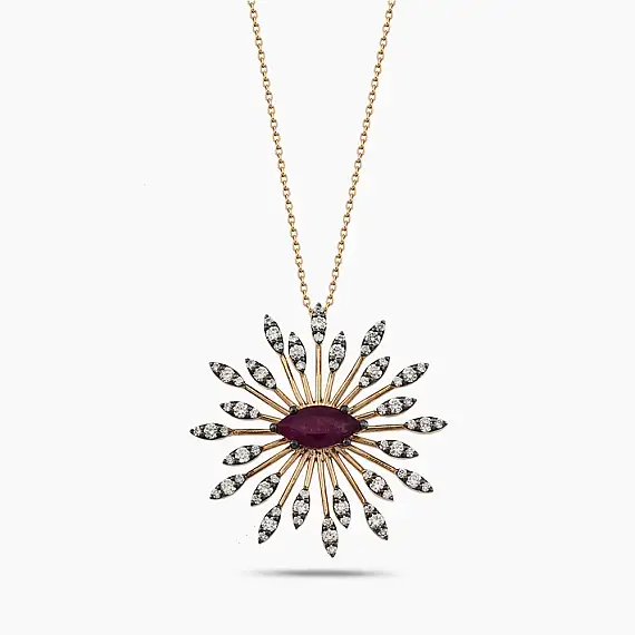 Shine 1.60 CT Yakut ve Pırlanta Taşlı Rose Altın Kolye - 2