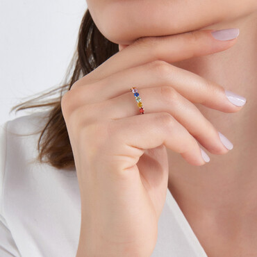 2.49 CT Multicolor Safir Taşlı Tamtur Beyaz Altın Yüzük - Nev Jewellery