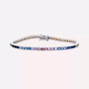 5.55 CT Multicolor Safir Taşlı Beyaz Altın Suyolu Bileklik - Nev Jewellery (1)