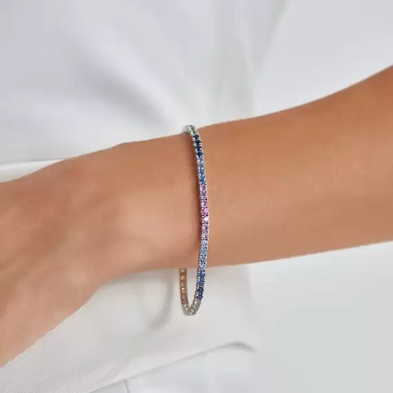 5.55 CT Multicolor Safir Taşlı Beyaz Altın Suyolu Bileklik - 2