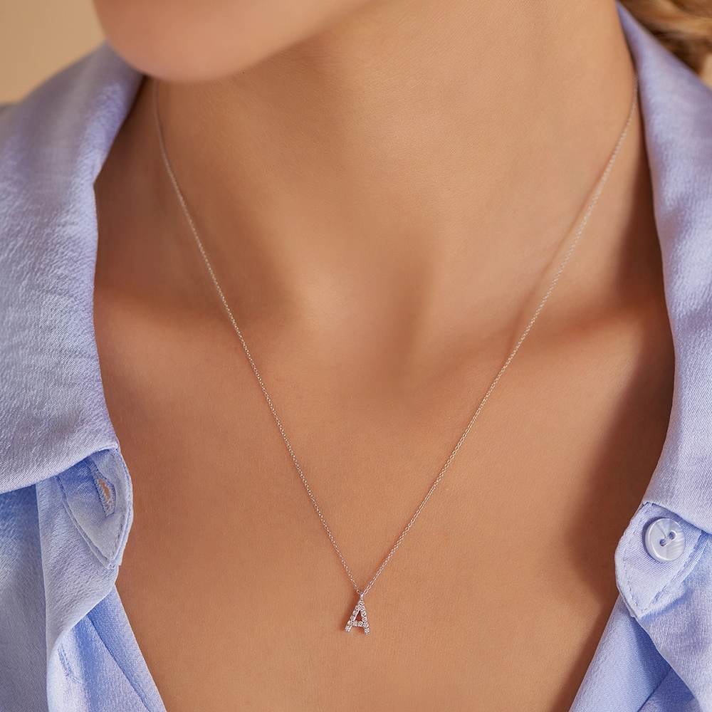 A Harf 0.09 CT Pırlanta Taşlı Beyaz Altın Kolye - Nev Jewellery (1)