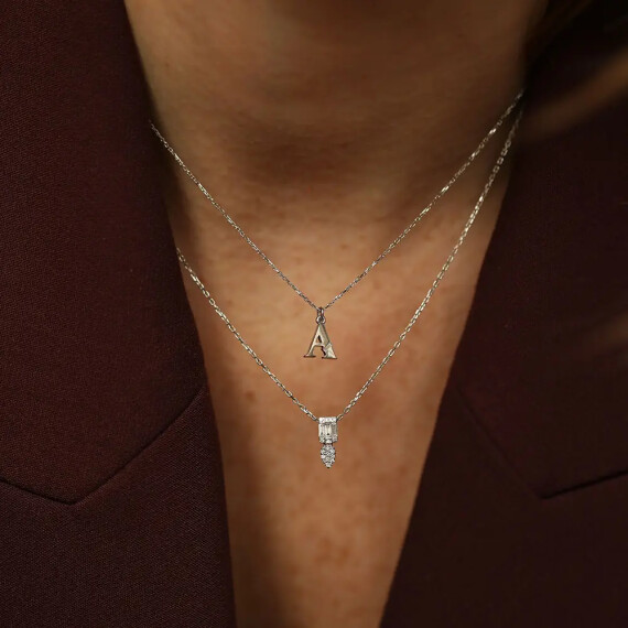 A Harf Baget Pırlanta Taşlı Beyaz Altın Kolye - Nev Jewellery